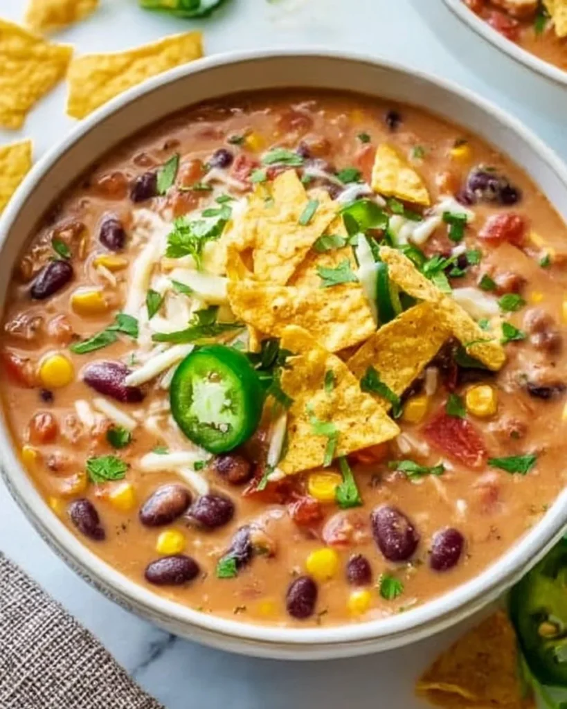 Bowl of creamy vegetarian tortilla soup topped with avocado and tortilla strips