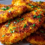 Crispy air fryer parmesan crusted chicken garnished with herbs