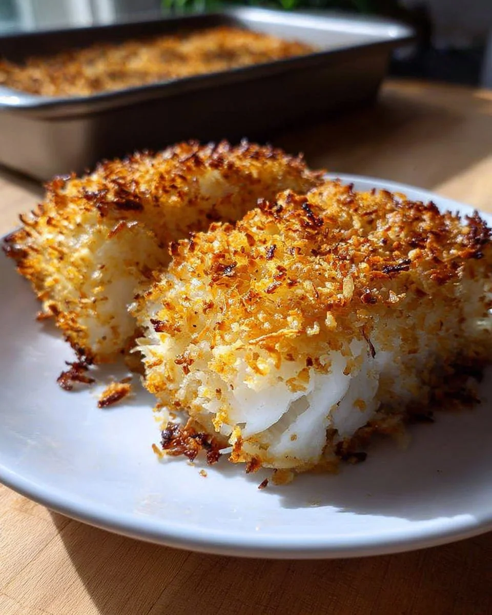 Crispy baked cod fillets served with lemon and herbs on a dinner plate