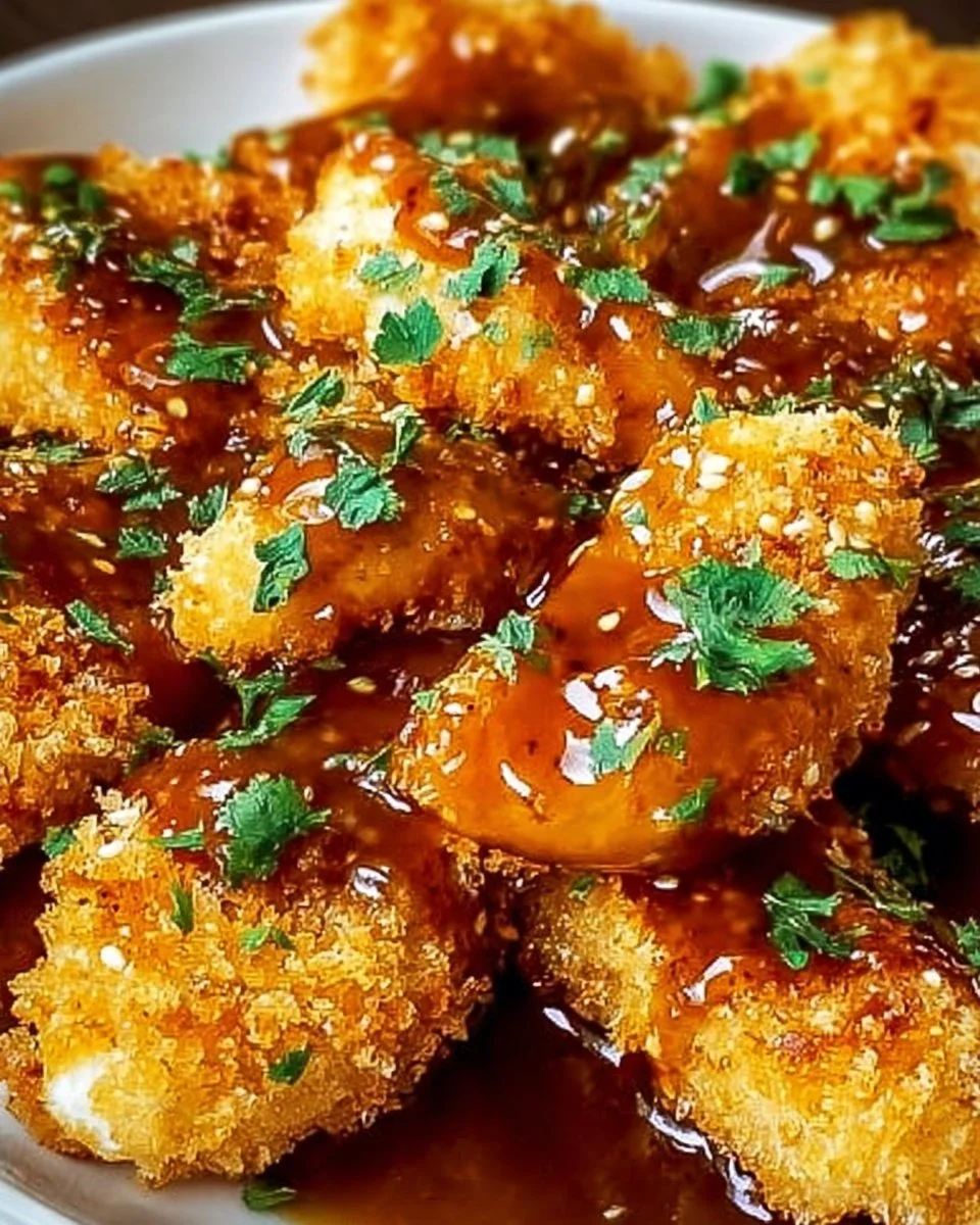 Crispy Bang Bang Chicken garnished with fresh herbs and served on a plate