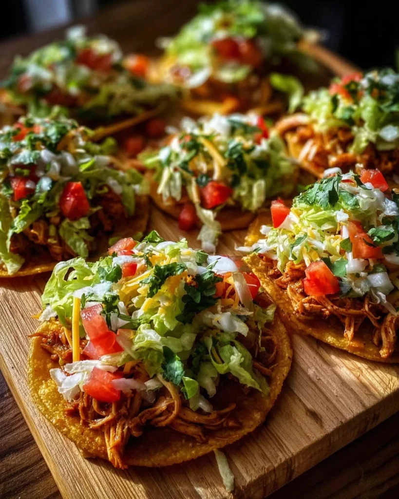 Crispy Chicken Tostadas topped with fresh vegetables and salsa