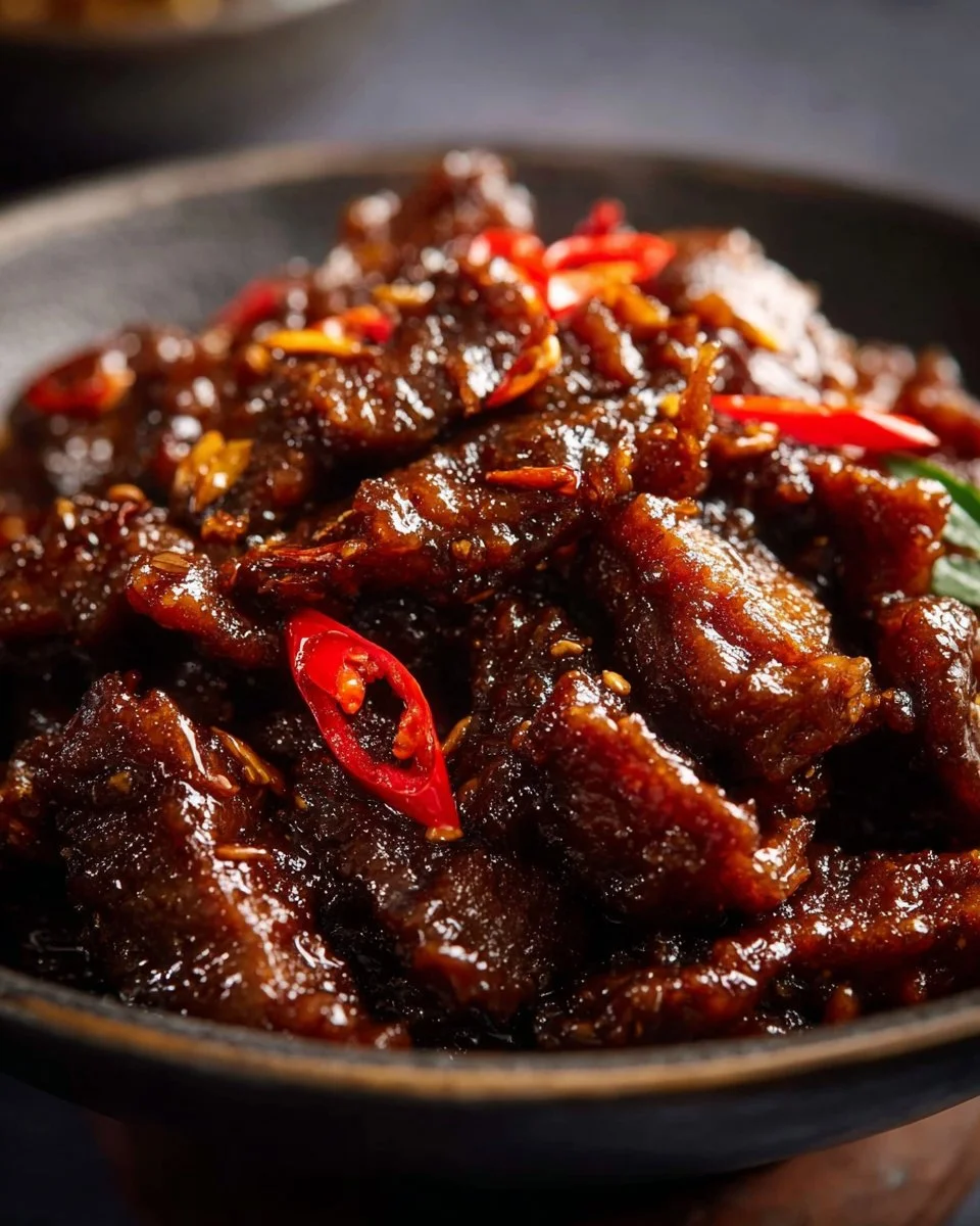 Plate of crispy chilli beef garnished with vegetables