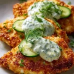 Crispy Dill Pickle Parmesan Chicken plated with herbs and spices