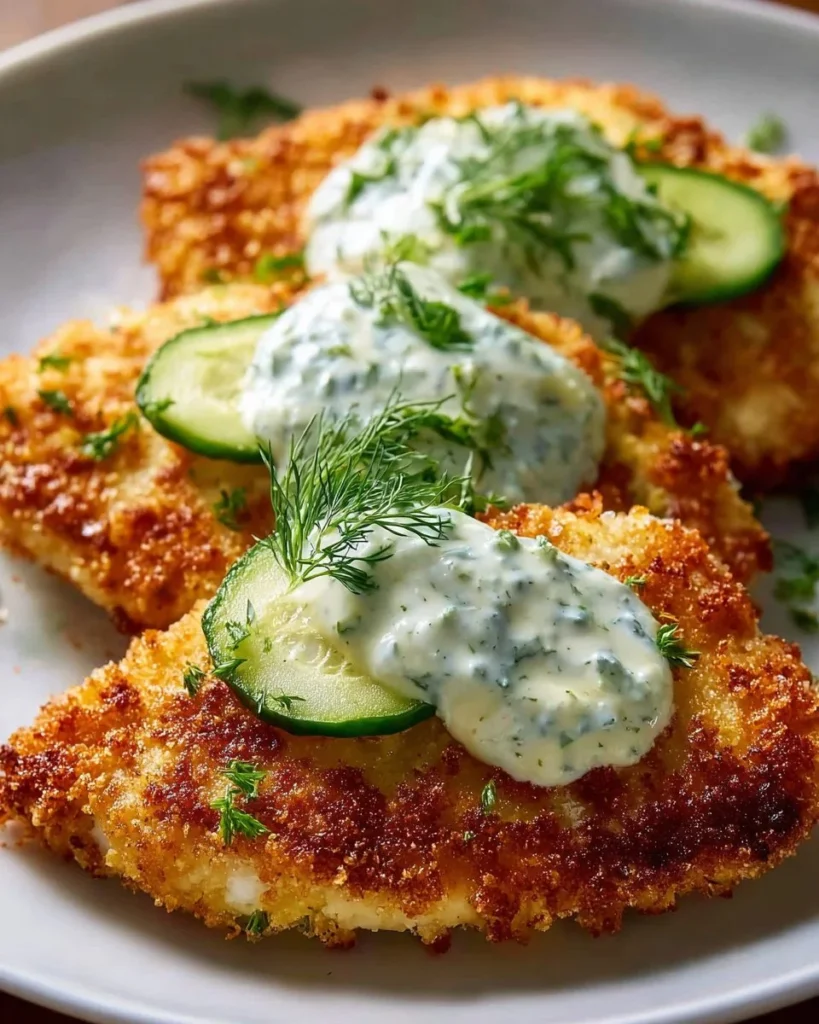 Crispy Dill Pickle Parmesan Chicken plated with herbs and spices