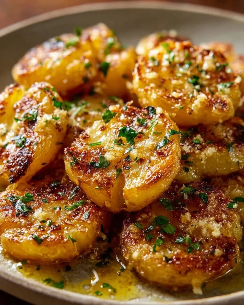 Plate of crispy garlic parmesan smashed potatoes garnished with herbs