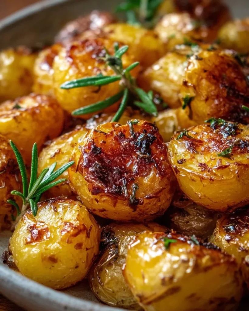 A plate of crispy garlic roasted potatoes garnished with fresh herbs.