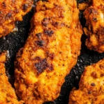 Crispy oven fried chicken served on a plate with fresh herbs and side dishes