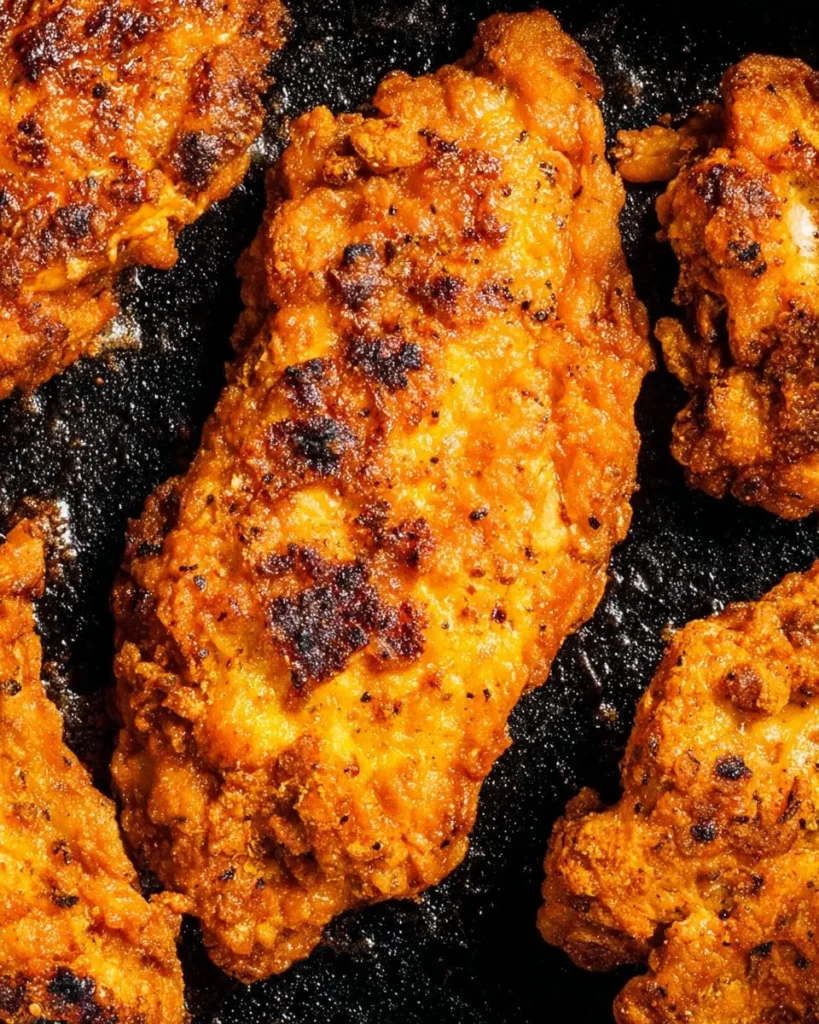 Crispy oven fried chicken served on a plate with fresh herbs and side dishes