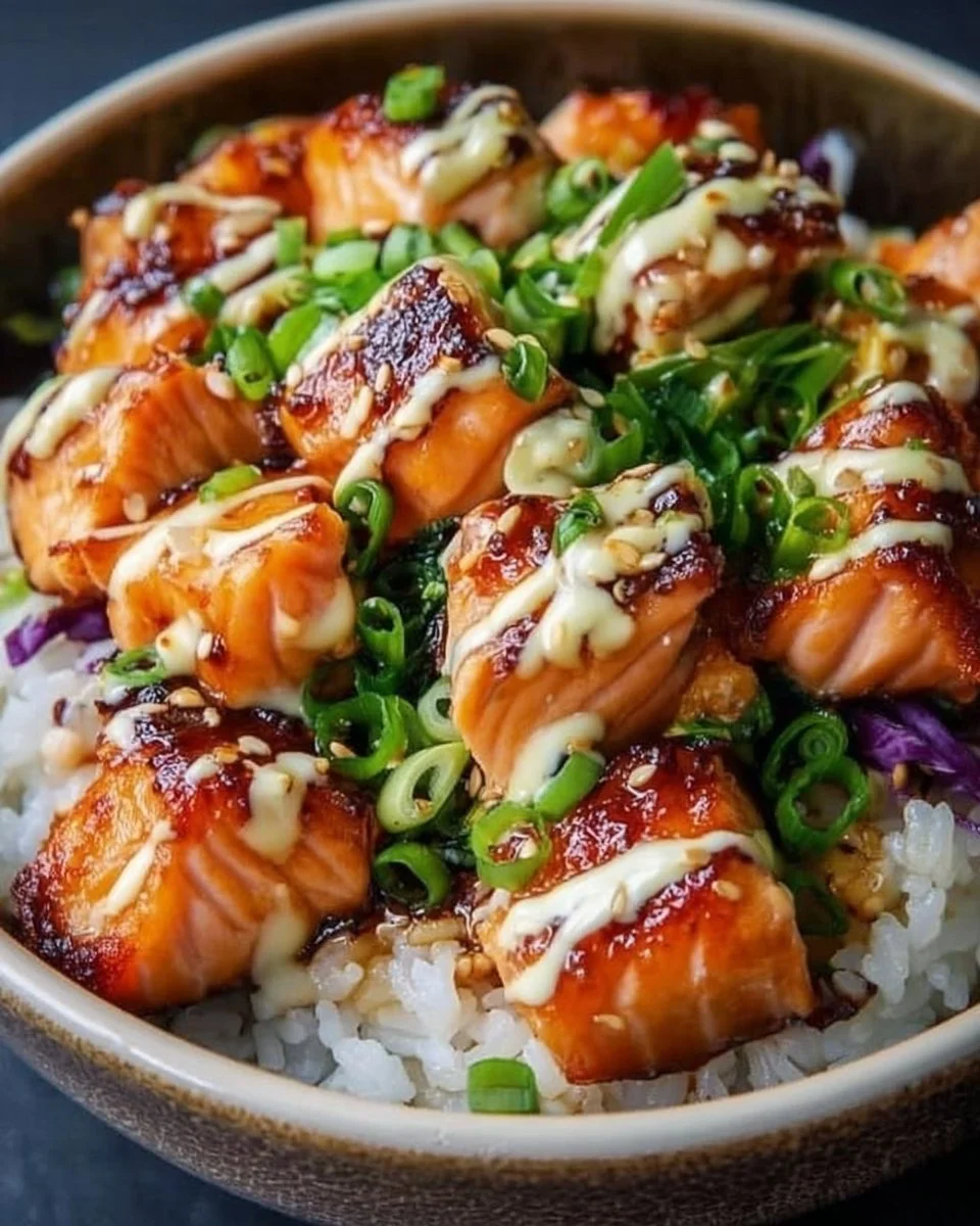 Crispy salmon and rice bowl served in a healthy, colorful dish