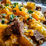 Crockpot Loaded Steak and Potato Bake topped with cheese and green onions