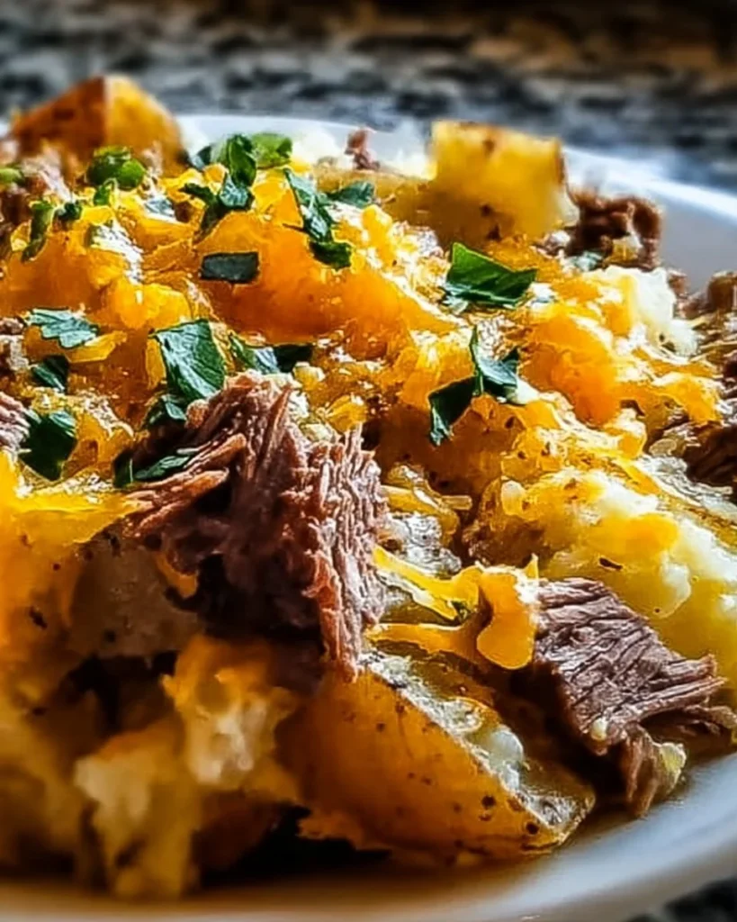 Crockpot Loaded Steak and Potato Bake topped with cheese and green onions