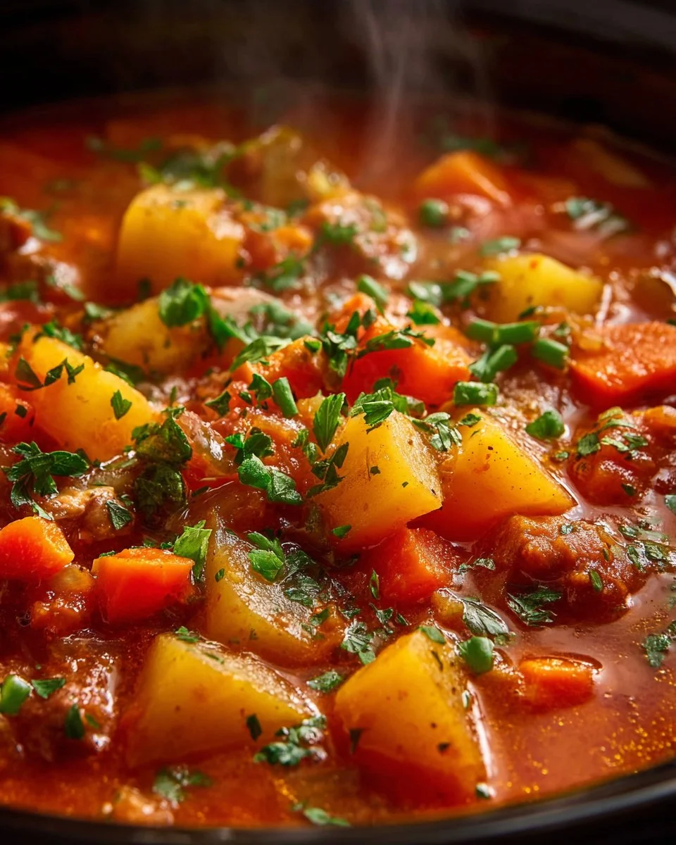 A bowl of delicious and colorful crockpot vegetable soup filled with vibrant vegetables.