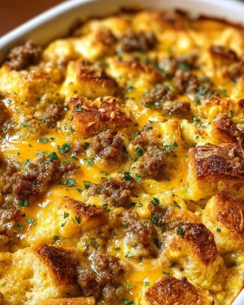 Delicious croissant casserole bake for breakfast with eggs and cheese.