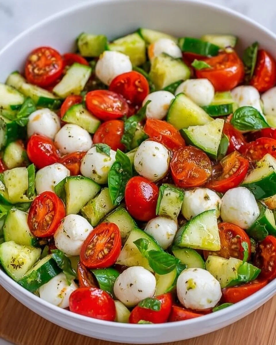 Fresh Cucumber Mozzarella Salad with herbs and dressing