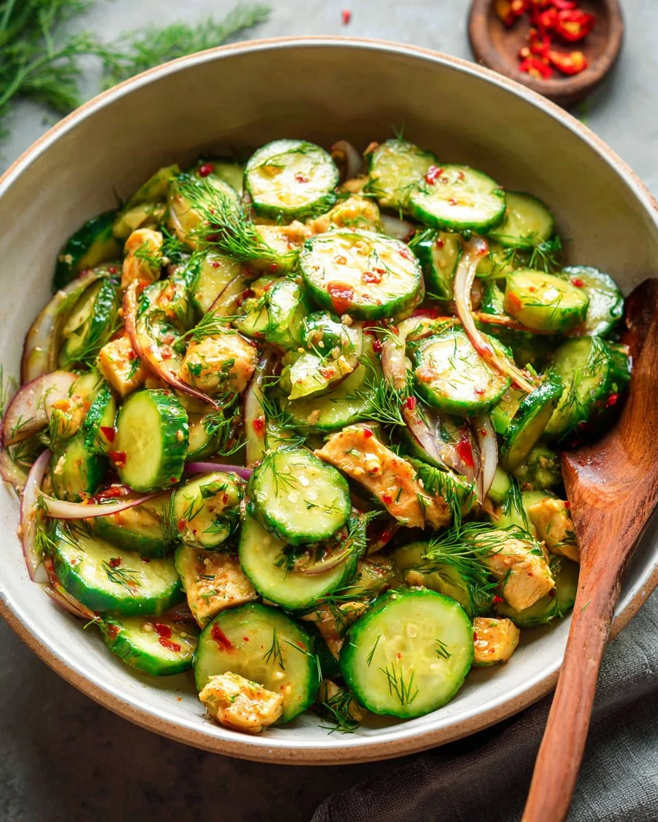 Fresh cucumber salad topped with herbs and dressing in a bowl