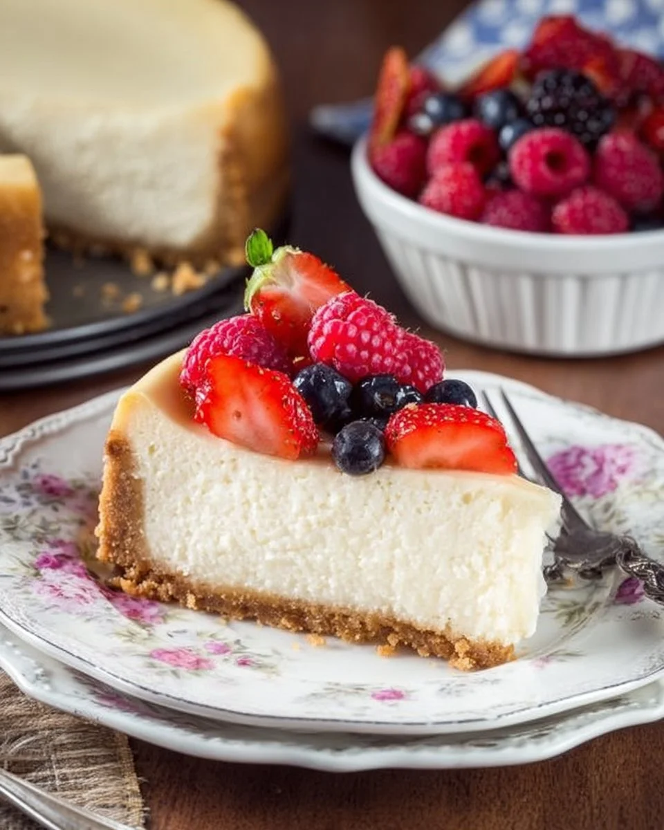 Creamy low-carb New York cheesecake topped with berries on a white plate