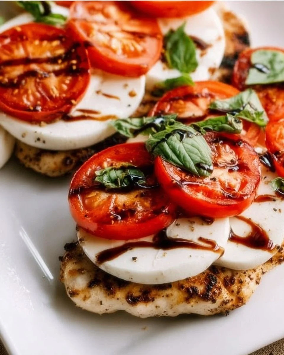 Healthy Caprese Chicken with tomatoes, mozzarella, and basil on a plate