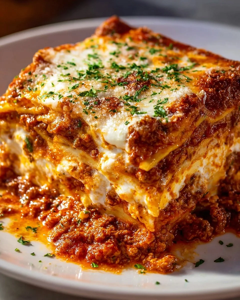 A delicious plate of easy and cheesy lasagna with layers of cheese and sauce