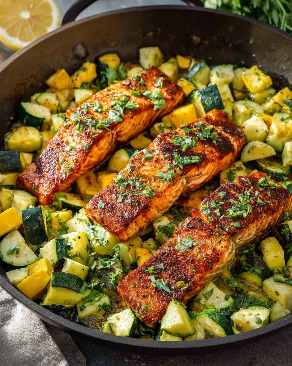 Plate of easy Cajun Baked Salmon garnished with herbs and lemon slices