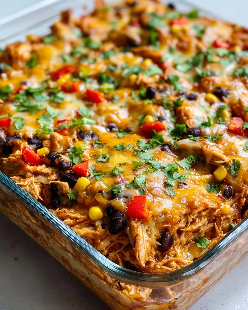 Delicious easy chicken burrito casserole served in a baking dish