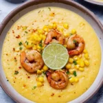 Bowl of easy creamy potato soup topped with herbs