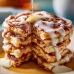 Delicious fluffy cinnamon roll pancakes stacked on a plate drizzled with frosting.