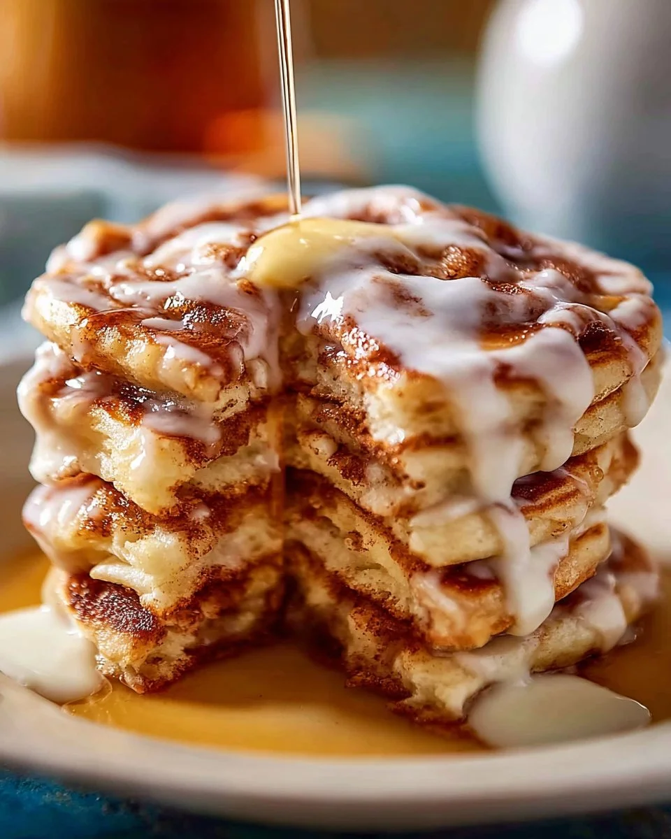 Delicious fluffy cinnamon roll pancakes stacked on a plate drizzled with frosting.