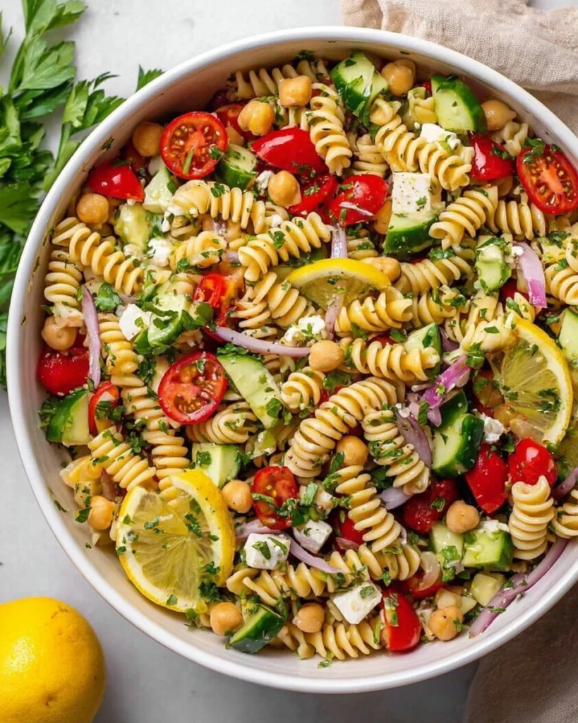 Bowl of colorful Easy Greek Pasta Salad with fresh vegetables and feta cheese