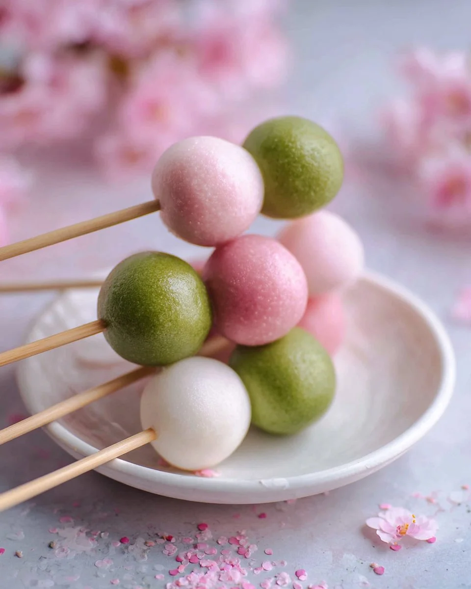 Colorful Hanami Dango skewers made with sweet rice flour for spring celebrations.