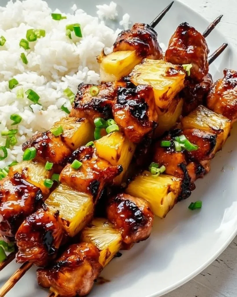 Delicious Easy Hawaiian Chicken Kabobs with colorful vegetables on skewers