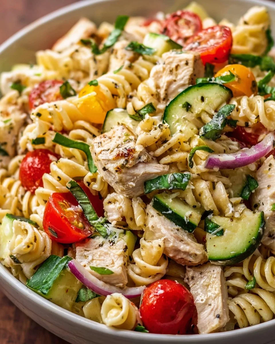 Bowl of Easy Italian Chicken Pasta Salad with vibrant vegetables and dressing