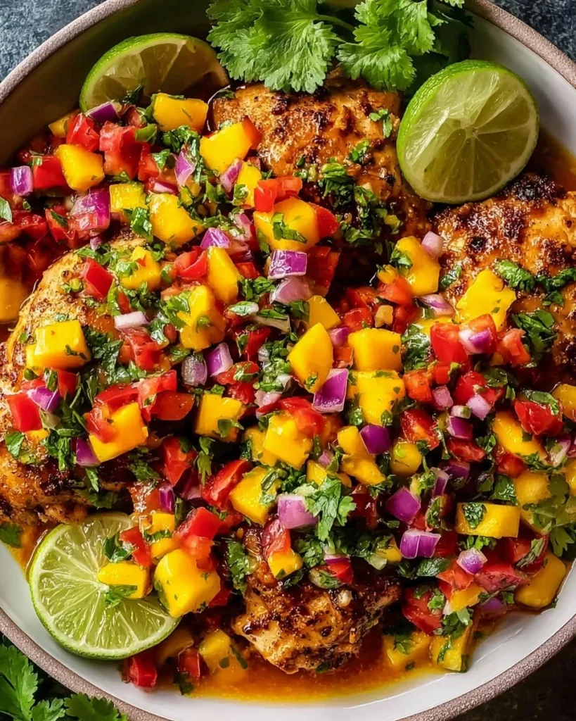 Grilled mango salsa chicken topped with fresh mango salsa on a plate.