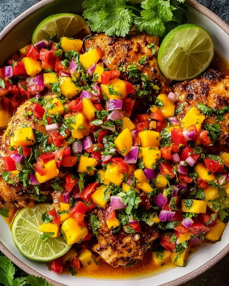 Grilled mango salsa chicken topped with fresh mango salsa on a plate.