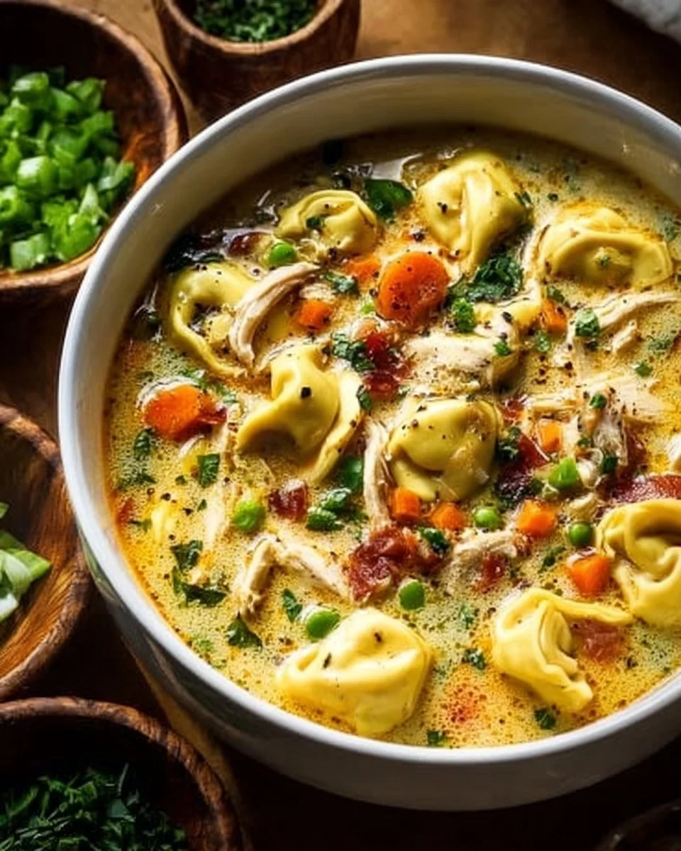 Bowl of easy one-pot chicken tortellini soup with vegetables and herbs