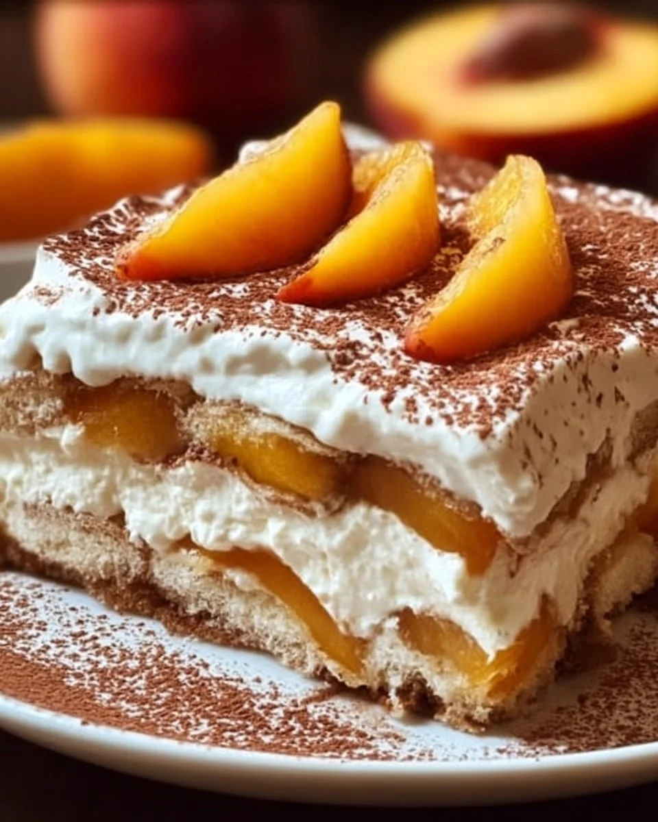Delicious easy peach tiramisu dessert with layers of creamy mascarpone and peaches