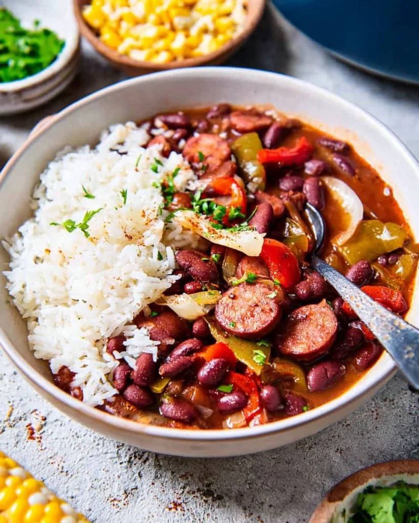 Bowl of easy red beans and rice with sausage, a protein-packed comfort food dish.