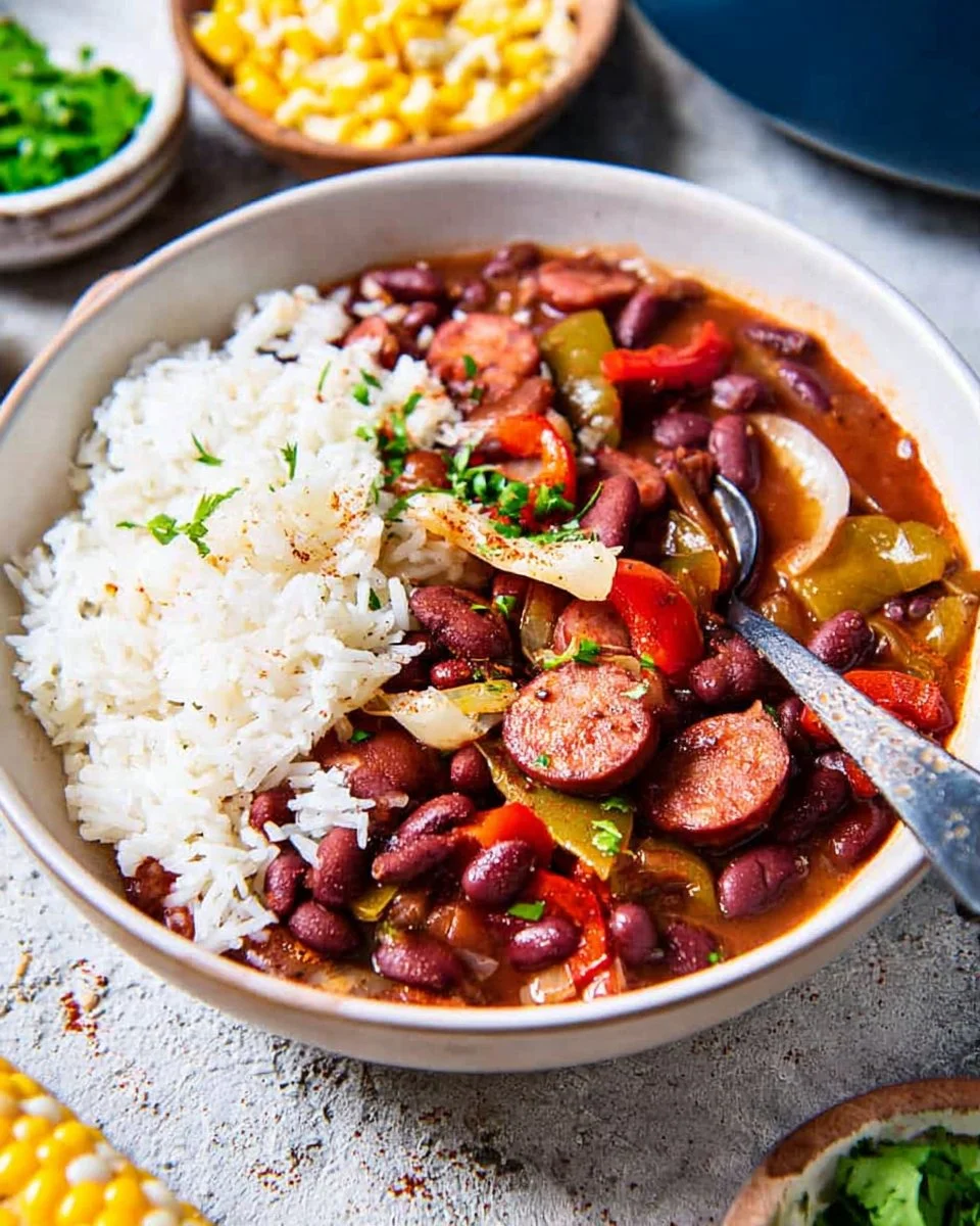 Bowl of easy red beans and rice with sausage, a protein-packed comfort food dish.