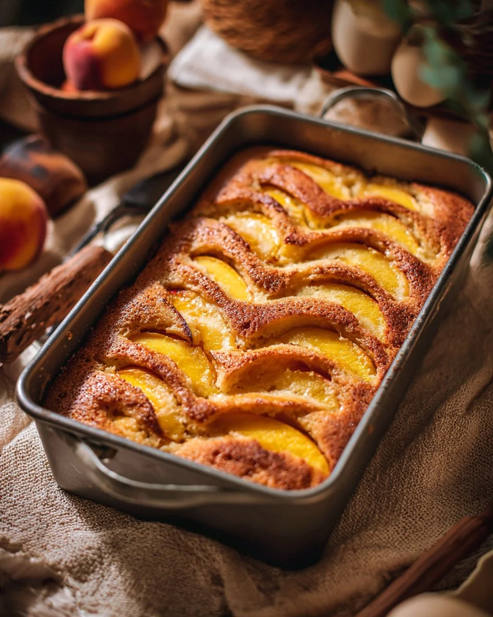 Slice of easy summer peach cake topped with fresh peaches and whipped cream