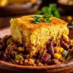 Deliciously baked easy tamale casserole topped with cheese and peppers