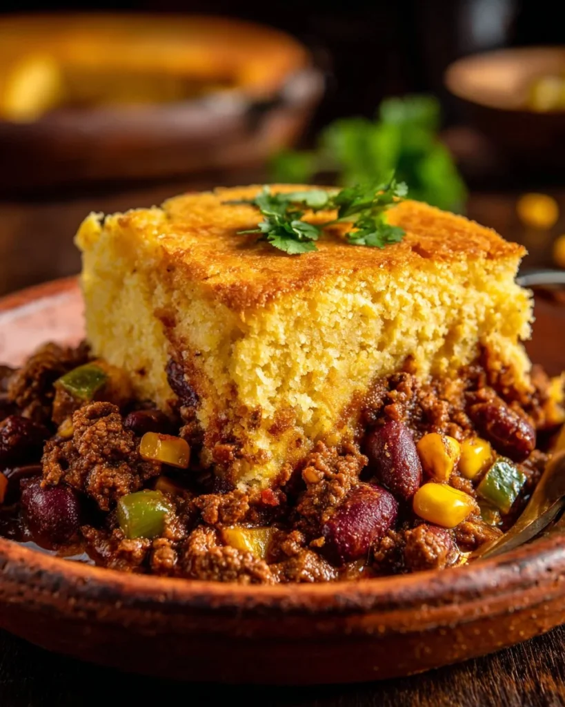 Deliciously baked easy tamale casserole topped with cheese and peppers