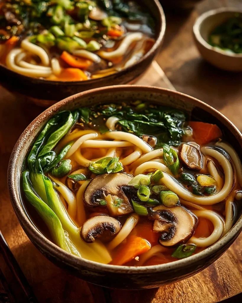 Delicious bowl of healthy udon noodle soup with fresh vegetables and broth