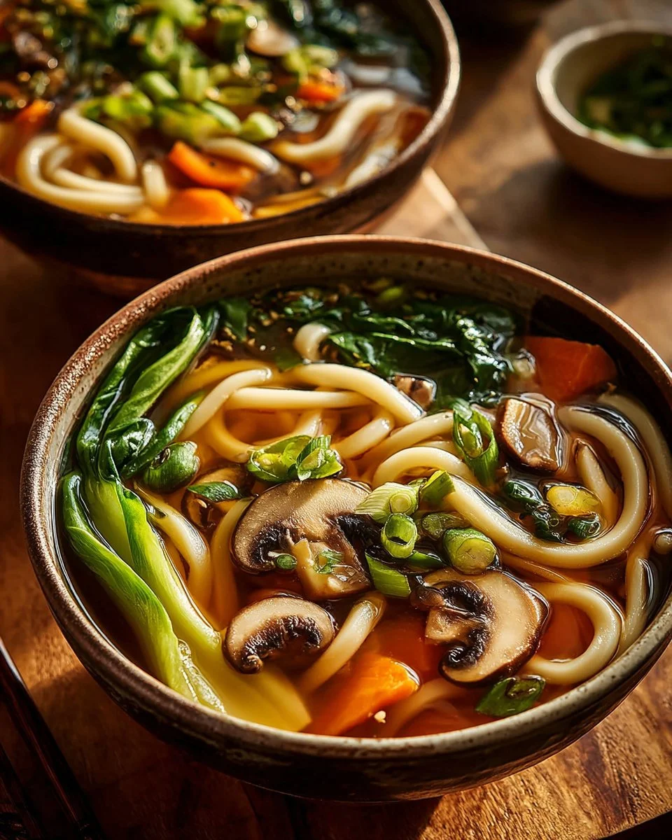 Delicious bowl of healthy udon noodle soup with fresh vegetables and broth