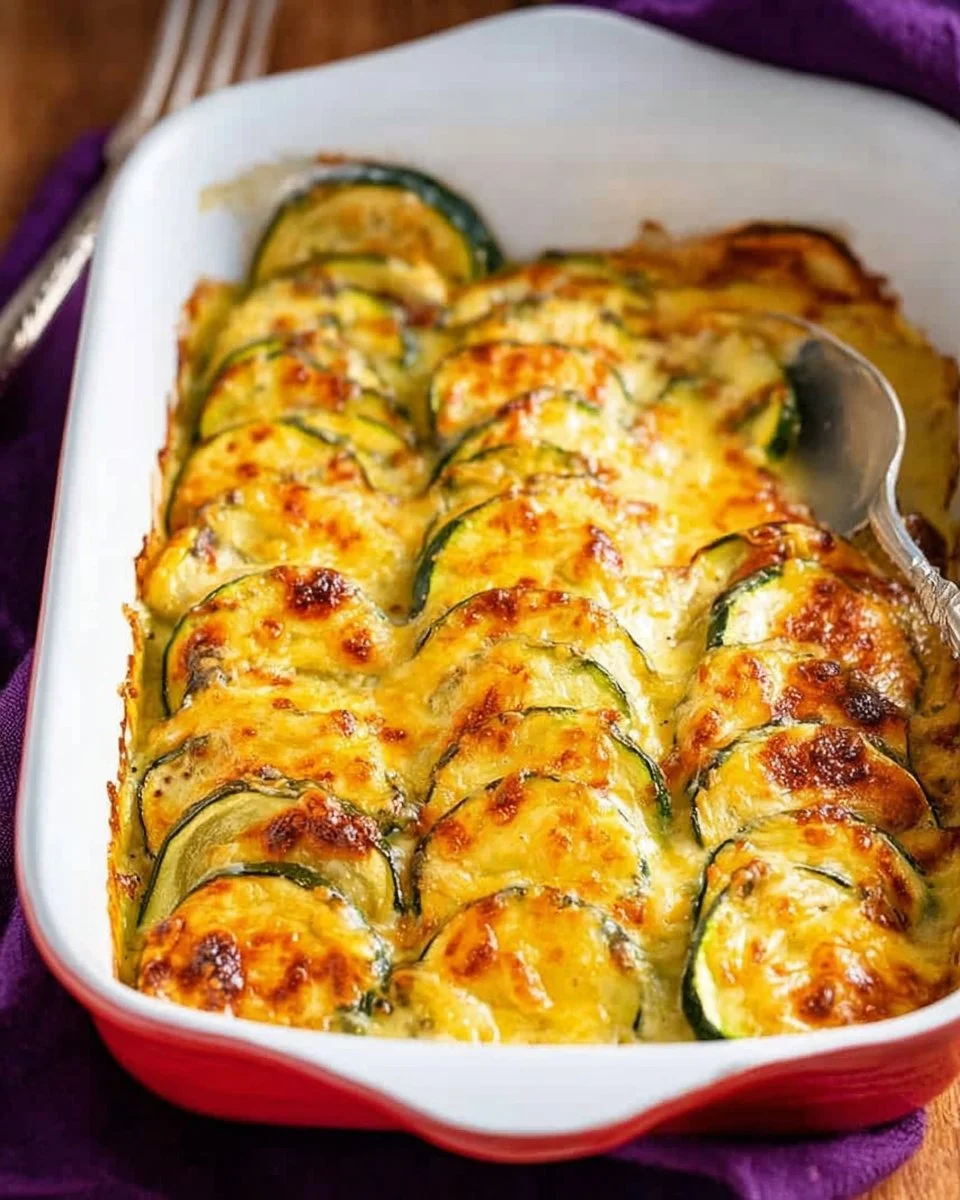 Creamy and delicious zucchini au gratin dish topped with golden cheese