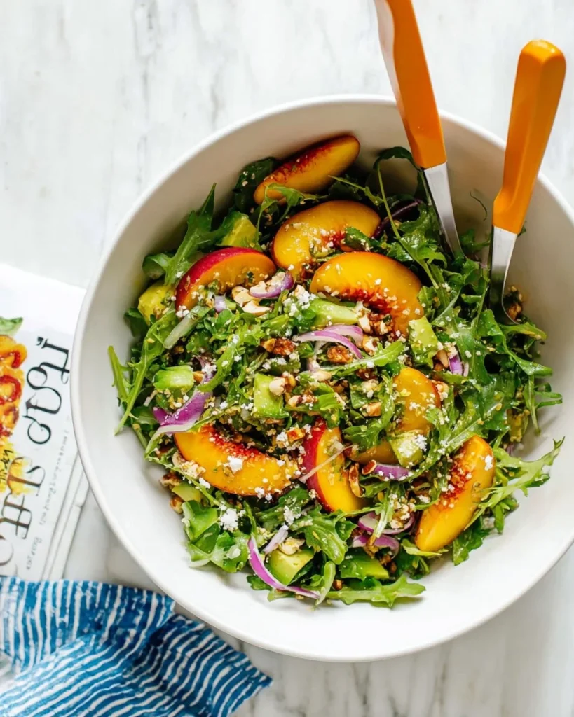 A vibrant Peach and Avocado Salad with greens, showcasing fresh fruit and healthy ingredients.
