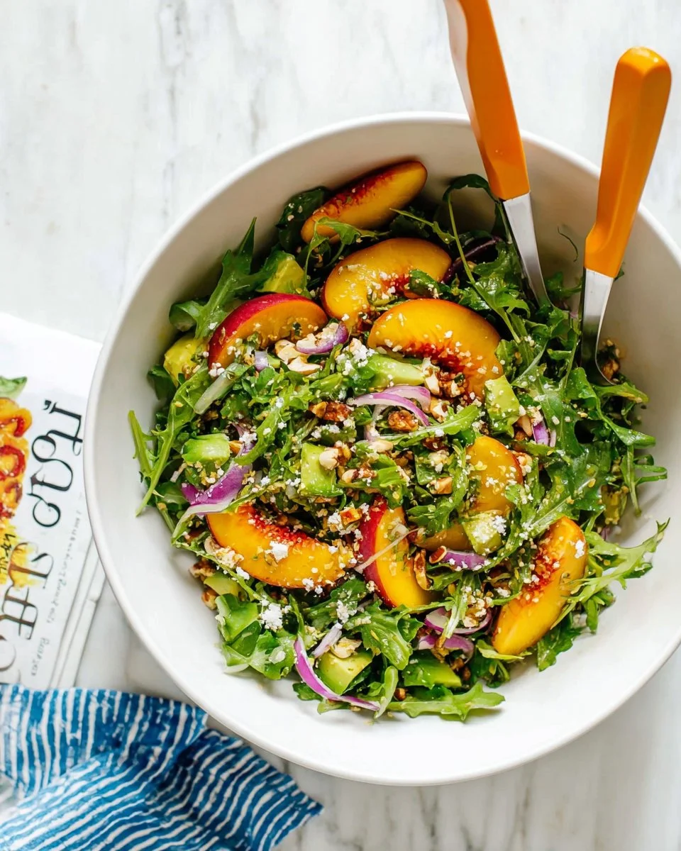 A vibrant Peach and Avocado Salad with greens, showcasing fresh fruit and healthy ingredients.