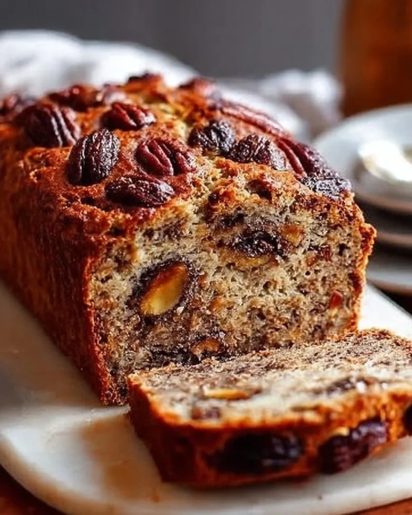 Delicious slice of Fig & Date Nut Bread topped with nuts and figs.