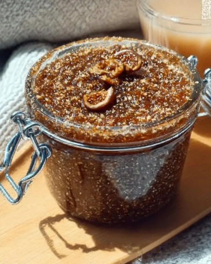 Homemade fig jam in a jar with fresh figs and bread on a wooden table.