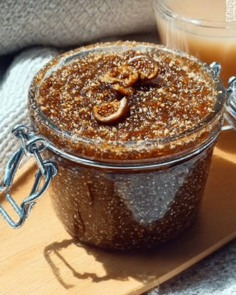 Homemade fig jam in a jar with fresh figs and bread on a wooden table.