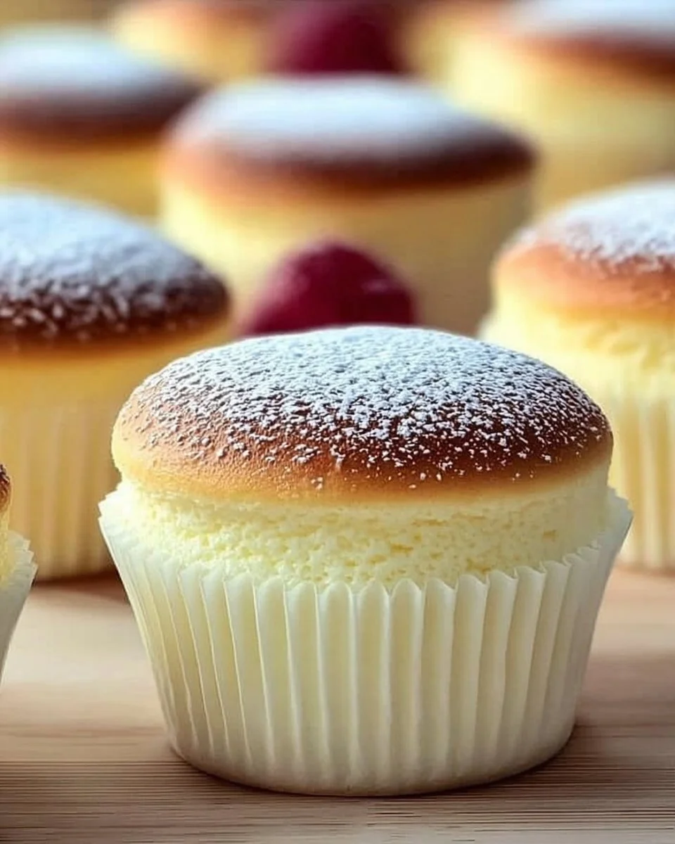 Fluffy Japanese Cotton Cheesecake cupcakes topped with cream and berries
