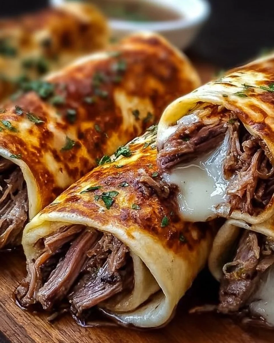 French Dip Tortilla Roll Ups with dipping sauce on a serving platter